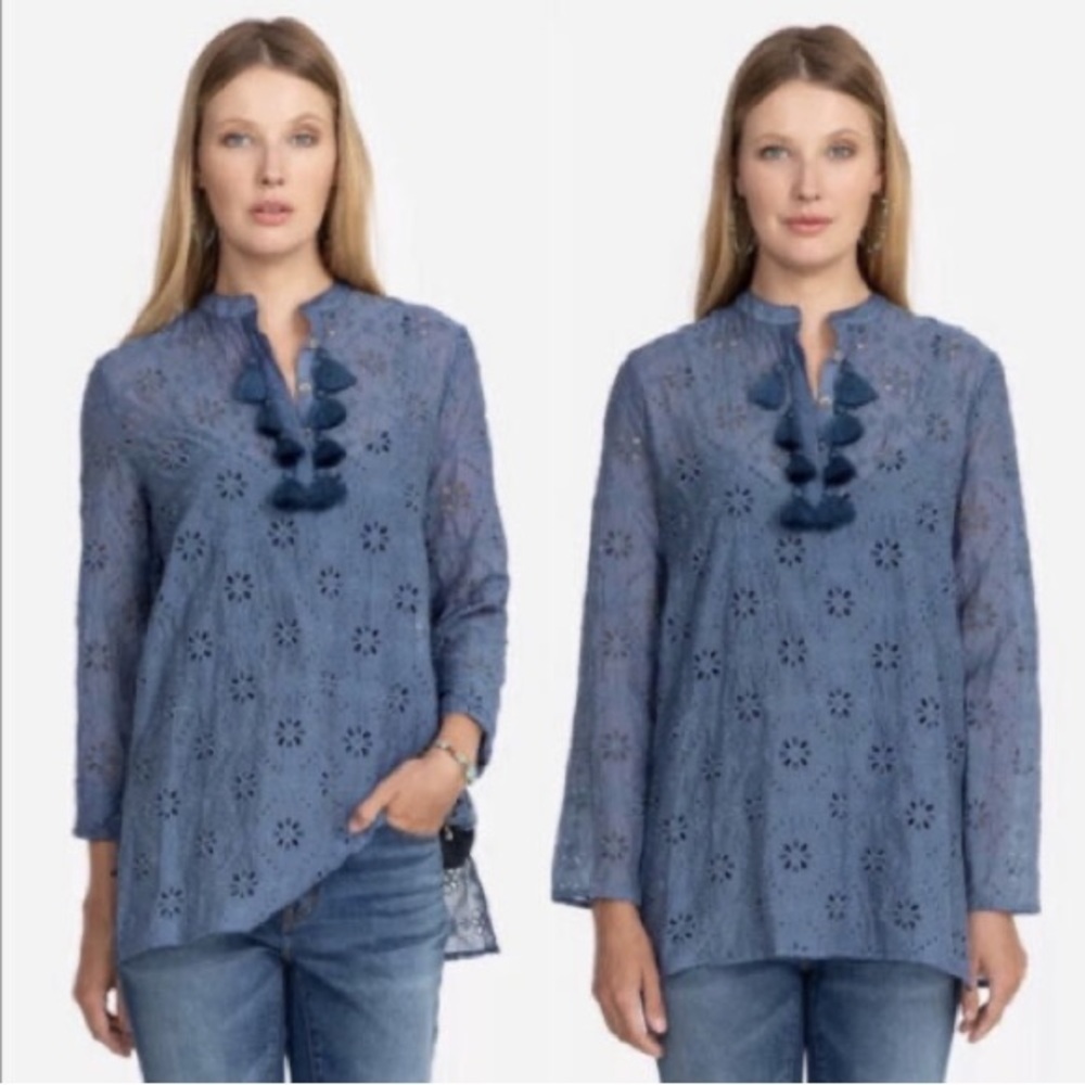 Johnny Was Vidya Ultramarine Blue Eyelet Blouse Tunic Large NWT Pristine - Picture 3 of 6